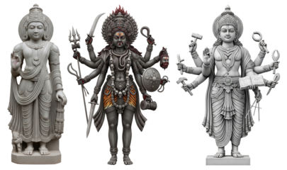Trio of grey stone Hindu sculptures featuring a central fierce multi-armed goddess flanked by male deities with traditional weapons.