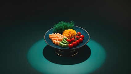 A beautifully arranged platter of fresh vegetables and fruits on a dark background, highlighting vibrant colors and natural textures