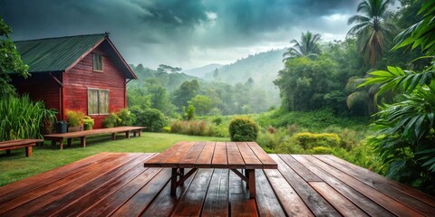 Serene Wooden Deck Overlooking Lush Green Valley with a Rustic Red Cabin After a Refreshing Rain