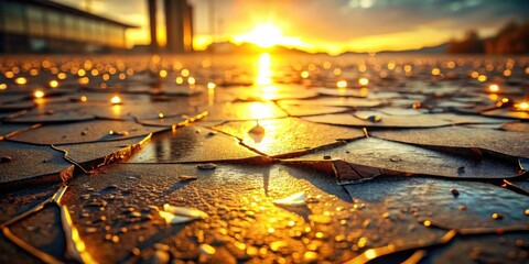Golden Hour on a Cracked Surface  A Close-Up View of a Sun-Drenched, Dry, and Fissured Ground at Sunset