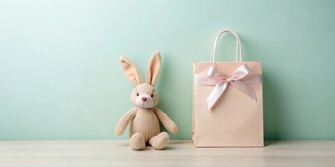 Pastel Present A soft knitted bunny sits beside a pale pink gift bag adorned with a delicate bow, against a serene mint green backdrop.