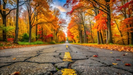 Autumnal Roadway A Scenic Drive Through Vibrant Fall Foliage with Cracked Asphalt