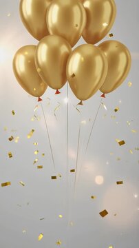 Vibrant balloons and colorful confetti create a festive mood for a birthday celebration, with a cheerful message of happiness in the center.