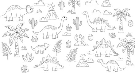 Cute dinosaur outline illustration set vector for kids coloring book prehistoric animals and nature background design © Kharshad Creative