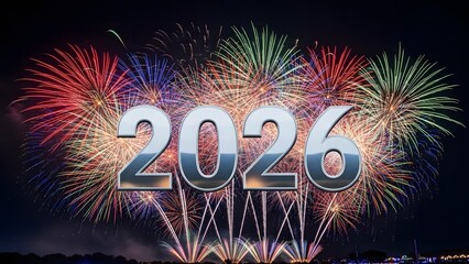 Happy new year 2026 celebration with colorful fireworks display at night