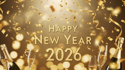 Happy new year 2026 golden text with confetti luxury festive background
