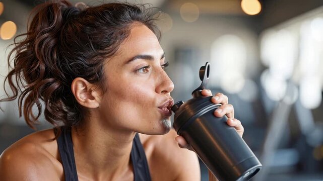 young woman taking a break at the gym while drinking water from a shaker bottle, showing fitness routine, hydration, and post-workout recovery