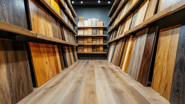 Wide variety of wooden laminate flooring samples displayed in a large hardware store showroom, showing different colors and textures for home renovation and interior design choices