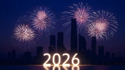 City skyline fireworks celebration with 2026 numbers night new year festival background