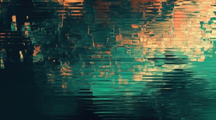 Abstract digital artwork presenting a modern glitch effect background featuring fragmented pixels, horizontal motion blur, and vibrant teal and orange color elements for technology and data concepts