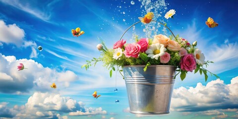 A delightful bouquet of vibrant flowers in a metal bucket floats amidst fluffy clouds and a clear blue sky, adorned with delicate butterflies and sparkling water droplets.