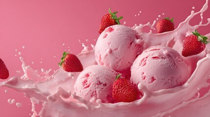 A vibrant image of pink strawberry ice cream scoops with fresh strawberries, splashing in a creamy mixture against a pink background.