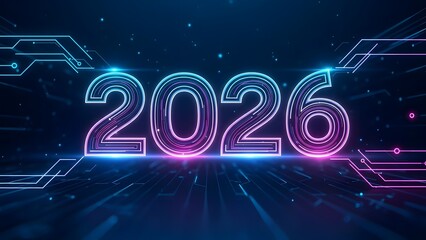 Soft glowing 2026 neon numbers on dark blue futuristic abstract new year background
