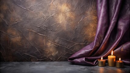 Serene ambiance with three burning candles near a luxurious purple textile draped against a textured backdrop