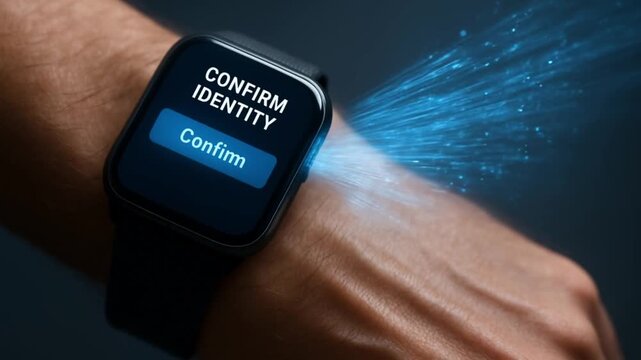 zero trust security architecture concept. Smartwatch displaying identity confirmation on a hand.