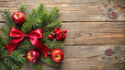 Rustic Winter Holiday Composition Featuring Evergreen Boughs, Red Apples, and Cranberries Adorned with a Satin Bow