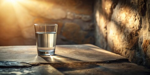 A single glass of fresh water sits on a rustic surface bathed in warm sunlight, casting a shadow against a textured stone wall background.