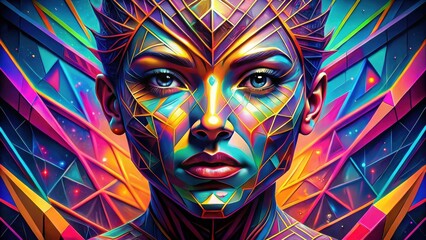 Vibrant Abstract Portrait of a Woman Adorned with Geometric Face Paint and Bold Colors