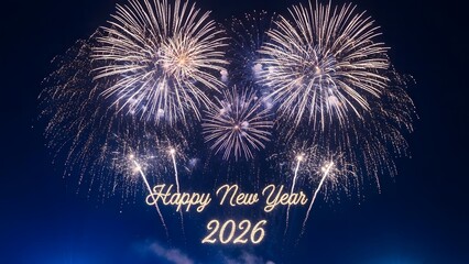 Happy new year 2026 fireworks night sky celebration background with festive golden typography