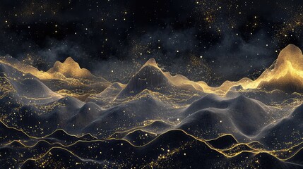 Abstract digital mountains and flowing waves composed of glowing gold particles creating a futuristic, elegant landscape under a dark, star filled sky, symbolizing technology, wealth, and connection