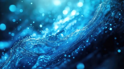 Abstract blue liquid forms flowing patterns, generating a dynamic background with glowing particles and bokeh effects, representing data streams and technology concepts