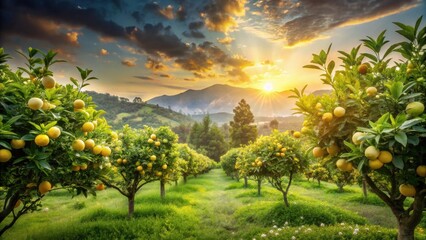 Golden Hour Citrus Grove A Serene Sunset Landscape Featuring Lush Greenery and Abundant Fruit Trees