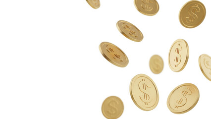 Falling Golden Dollar Coins isolated on transparent cutout background, cut out, png