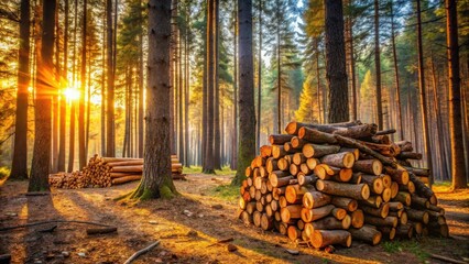 Golden Hour in the Woods Stacks of Logs Basking in the Sunset's Warm Embrace