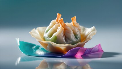 Delicate shrimp dumpling presented in a decorative edible cup with vibrant garnishes