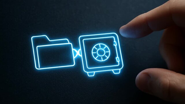 zero trust security architecture concept. Holographic safe icon with hand and folder representation.