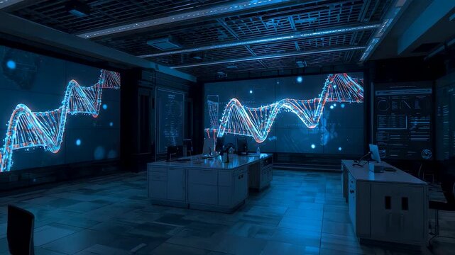 High Tech Financial Analytics Room with Large Digital Market Charts and Real Time Data Monitoring Inside Advanced Trading Control Space