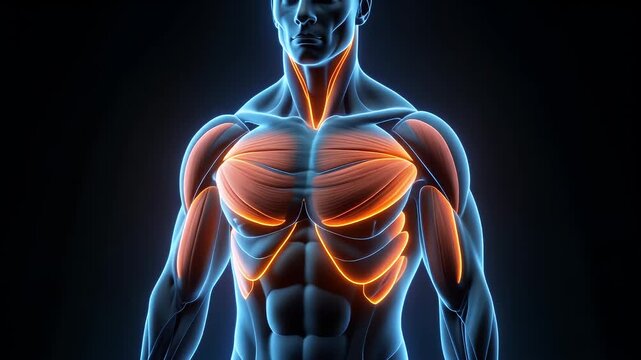 Anatomical illustration of the male pectoral muscles highlighted in orange against a dark background