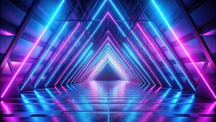 Futuristic Neon Tunnel with Vibrant Pink and Blue Lighting, Glowing Lines and Reflective Floor in Abstract Geometric Structure