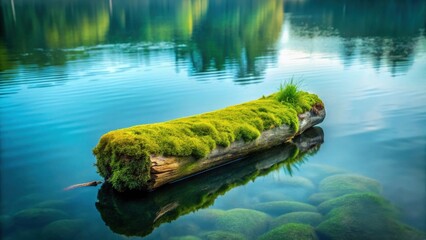 Serene Moss-Covered Log Floating Gently on a Tranquil, Reflective Body of Water