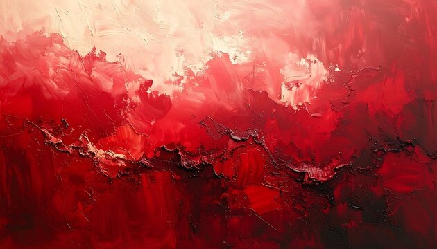 An abstract painting with textured, layered strokes of crimson and cream creating a warm, dreamy, evocative landscape