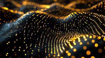 Abstract grid surface showing flowing glowing data points and particle waves that form a connected digital network and streaming information pattern in dark gold tones