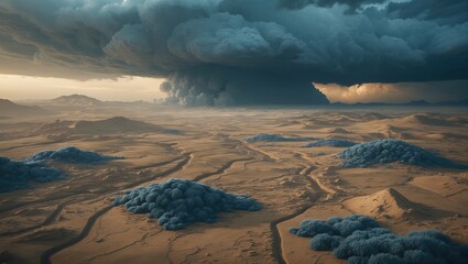 Dramatic overhead view of an expansive desert landscape under a dark, stormy sky with rolling clouds and blue-toned landforms