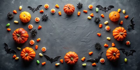 A Festive Halloween Border of Miniature Pumpkins, Bats, and Candy on a Dark Surface