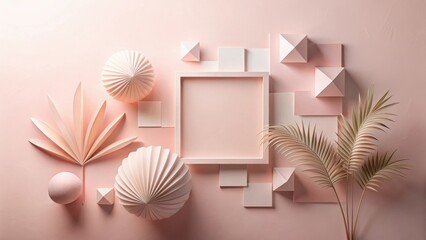 Pastel Pink Abstract Composition with Geometric Shapes and Tropical Foliage Featuring a Blank Square Frame Ideal for Mockups and Design Projects