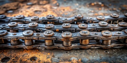 Rusty Metal Chain Links on Weathered Surface, Close-up Detail Showing Texture and Corrosion
