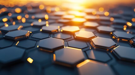 Abstract concept showing a network of dark blue hexagonal tiles illuminating with bright golden energy and digital data moving across a futuristic structure