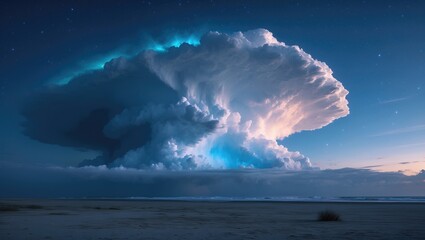 Dramatic thunderstorm clouds illuminated by twilight sky over the ocean horizon