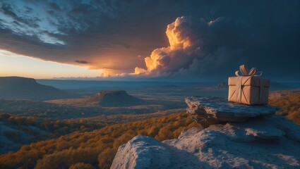 Majestic landscape with dramatic clouds at sunset, overlooking a serene valley with an unexpected gift atop a rocky outcrop
