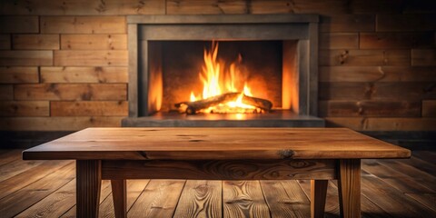 Rustic wooden table in front of a cozy fireplace with warm inviting flames and a wood paneled wall providing a relaxing atmosphere