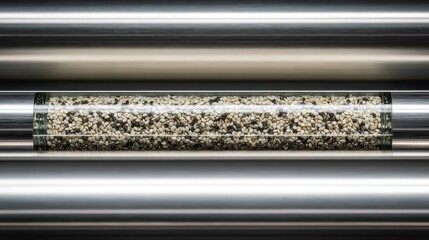 Abstract industrial background with metallic tubes and a central glass cylinder filled with small pebbles