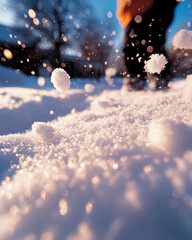 Naklejka premium A beautiful scene of snowflakes sparkling on the ground, with a blurred figure in the background, evoking feelings of joy and tranquility on a winter day.
