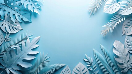 Serene Blue Tropical Leaf Border on a Light Blue Background, Perfect for a Summer or Spring Theme Design