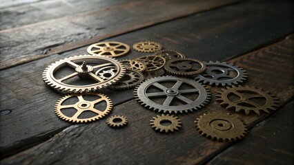 Assorted Metallic Gears and Cogs Scattered on Wooden Surface