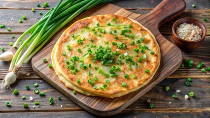 Savory Flatbread Topped with Freshly Chopped Green Onions, Served on Rustic Wooden Board