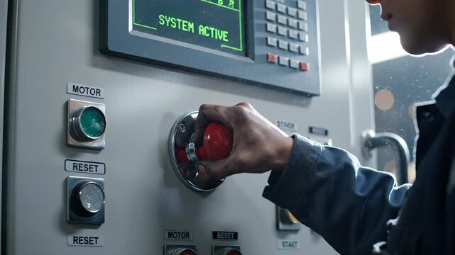 Worker presses emergency stop button on control panel showing system active. Hand turns emergency button on industrial panel. Worker activates emergency stop. Control panel displays system status.